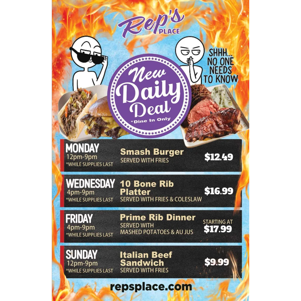 Daily specials menu featuring burgers and ribs