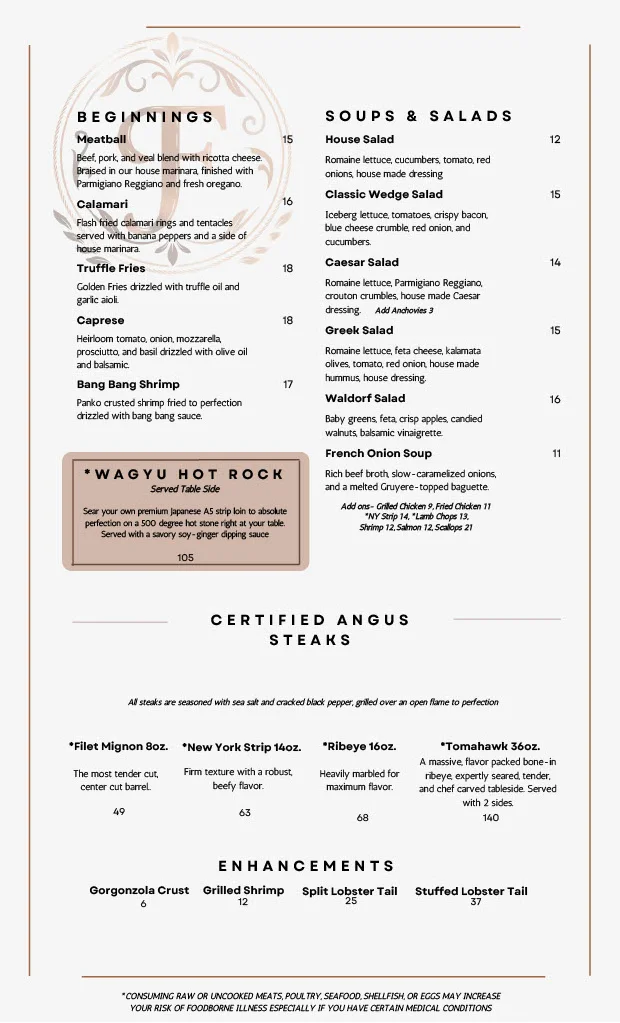 Menu featuring a variety of Italian dishes and certified Angus steaks