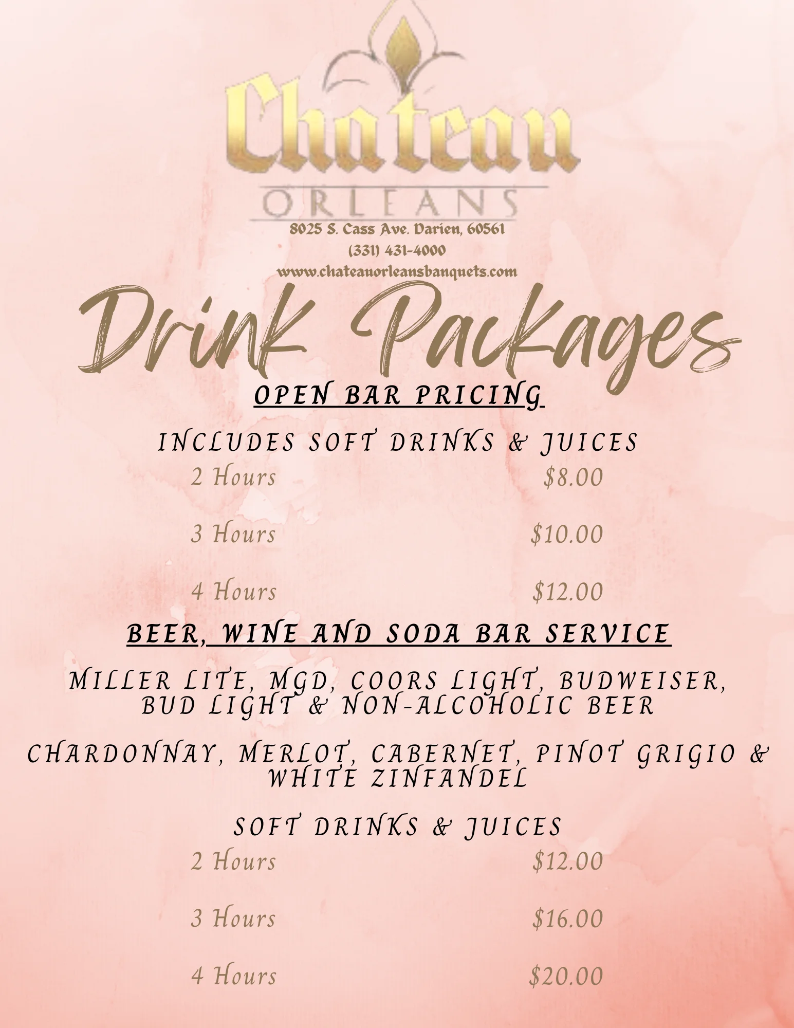 Drink package menu for a banquet venue with open bar options