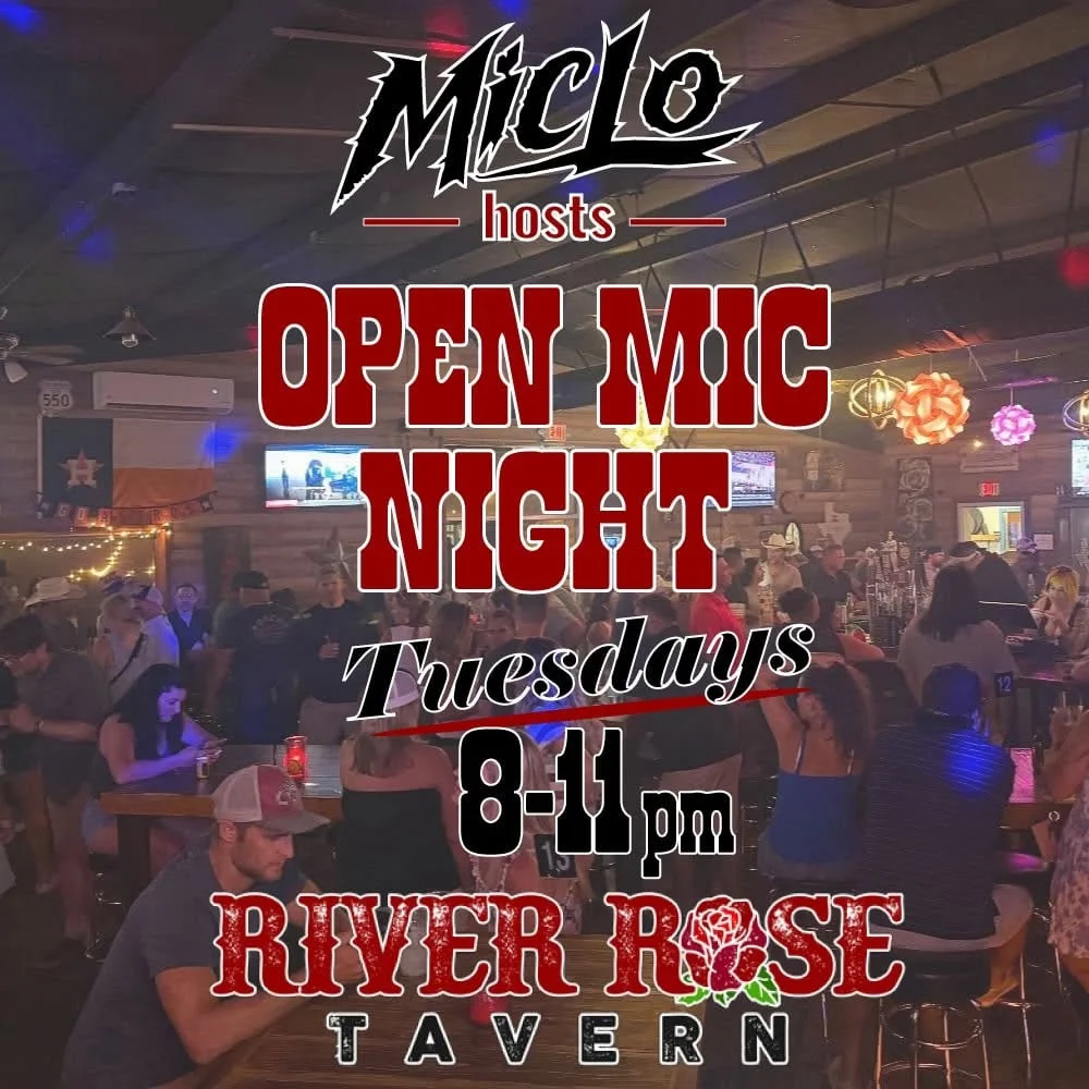 Lively bar scene during open mic night at River Rose Tavern