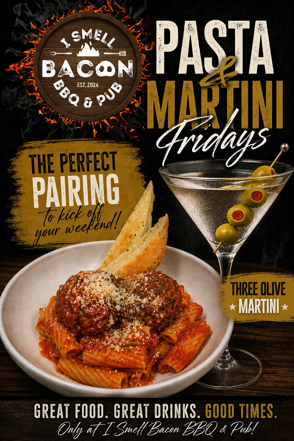 Italian pasta dish with meatballs and a martini cocktail on the side