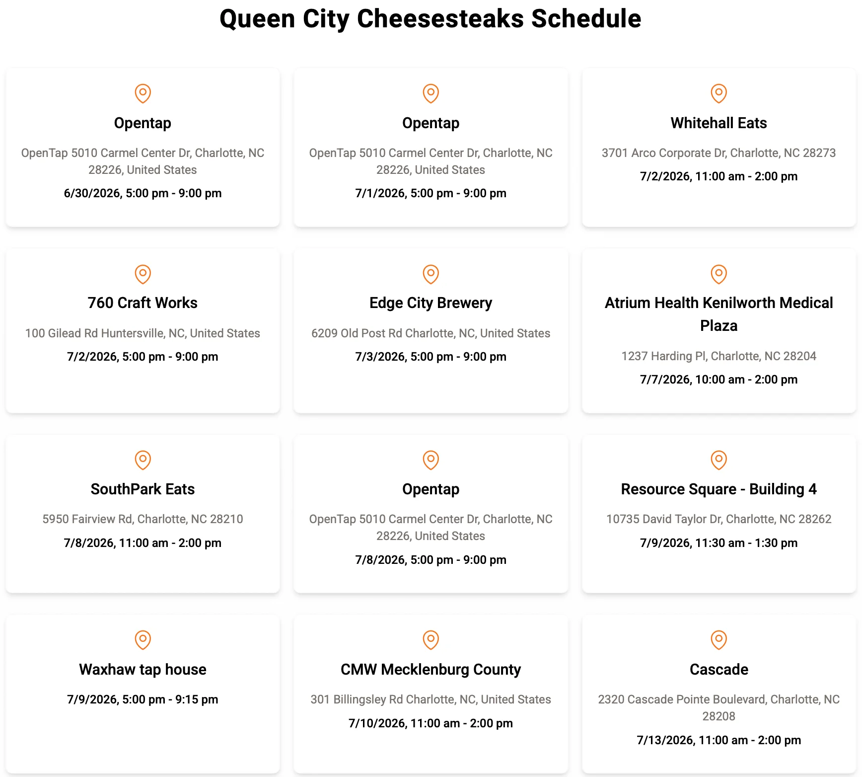 Queen City Cheesesteaks schedule with event details and locations.
