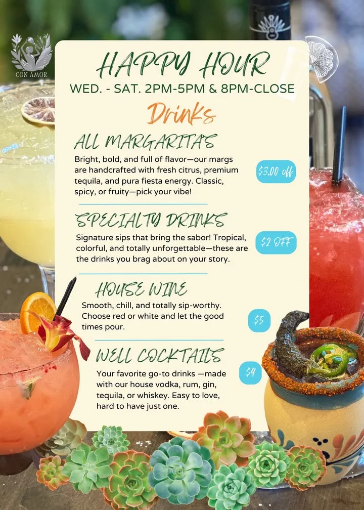 Colorful cocktails and margaritas at a vibrant happy hour