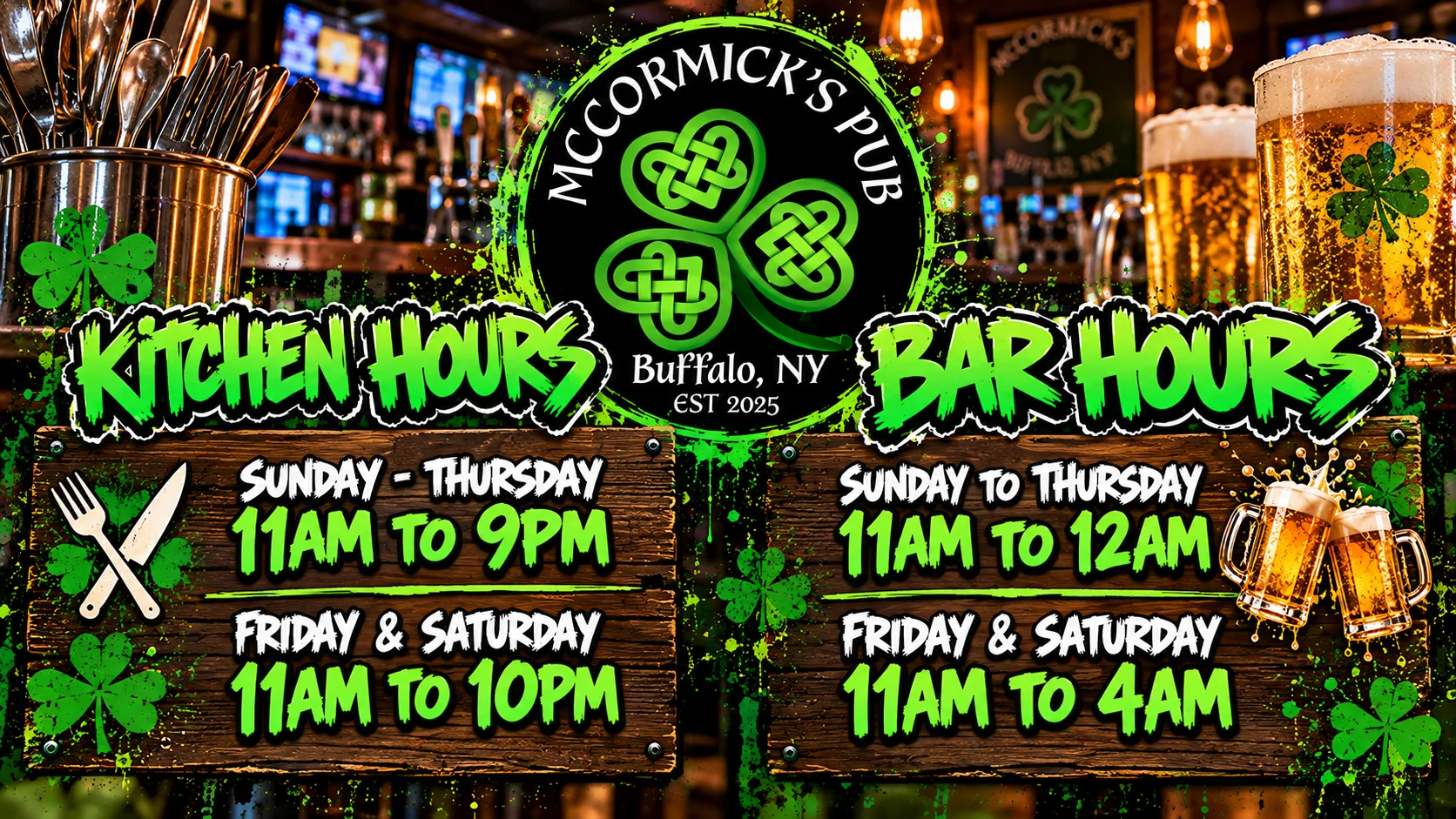 Restaurant kitchen and bar hours sign with pub interior and beer glasses
