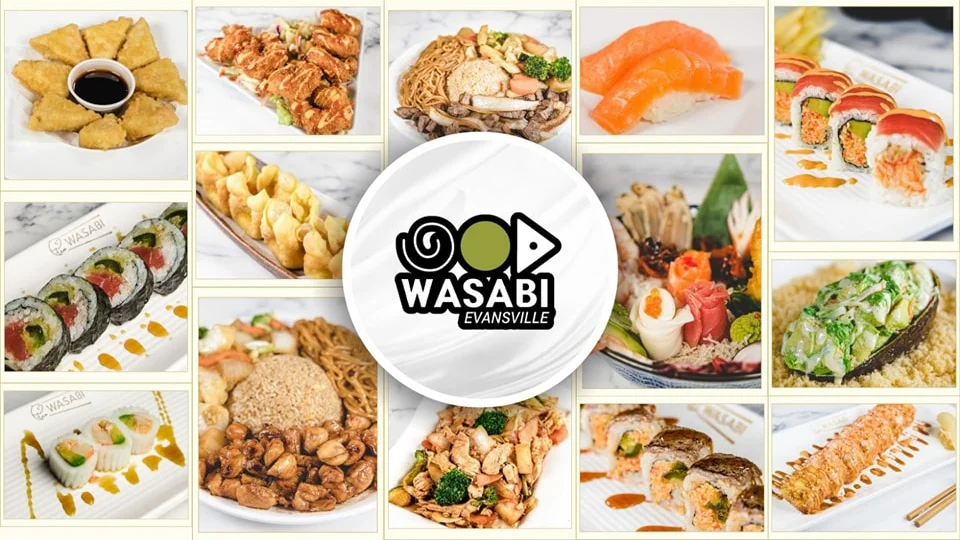 Variety of Japanese sushi and Asian dishes in a vibrant restaurant setting