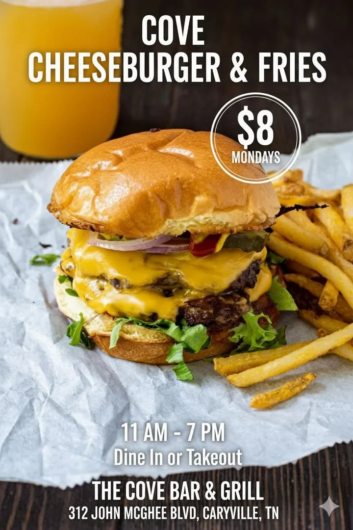 Cove cheeseburger with fries at a bar and grill