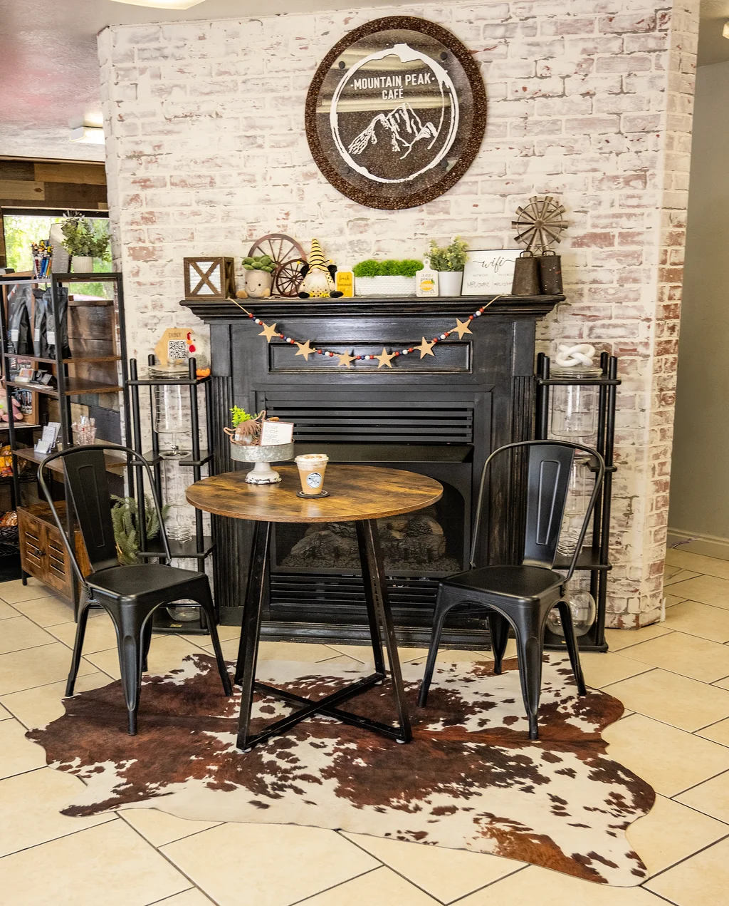 Cozy cafe interior with rustic decor and a warm ambiance