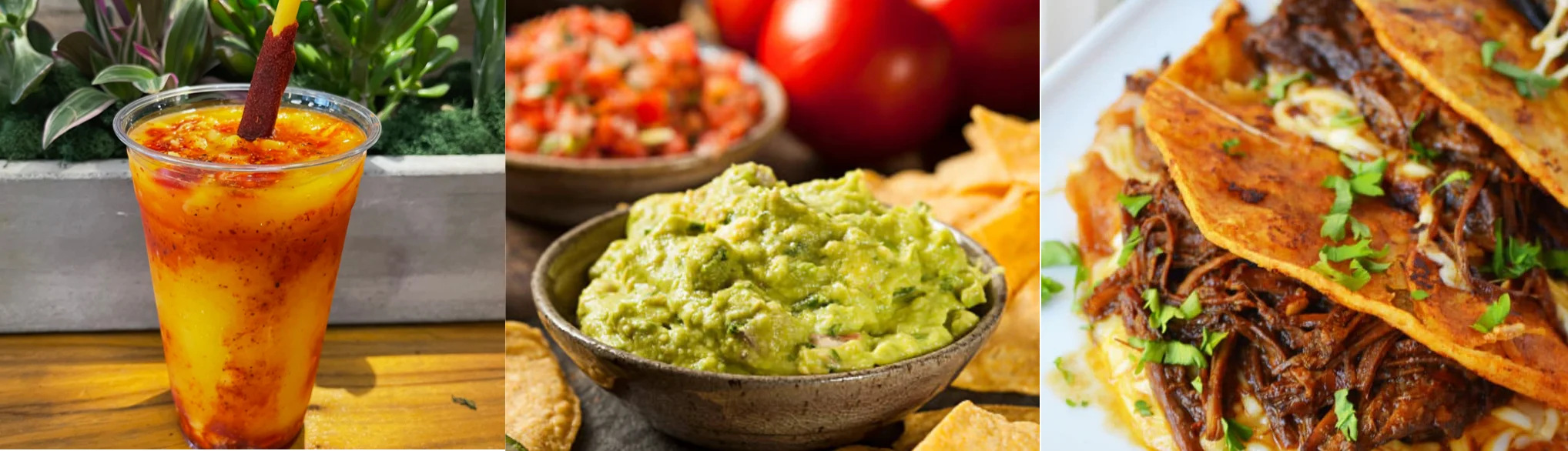 Colorful Mexican snacks with guacamole, tacos, and a refreshing drink
