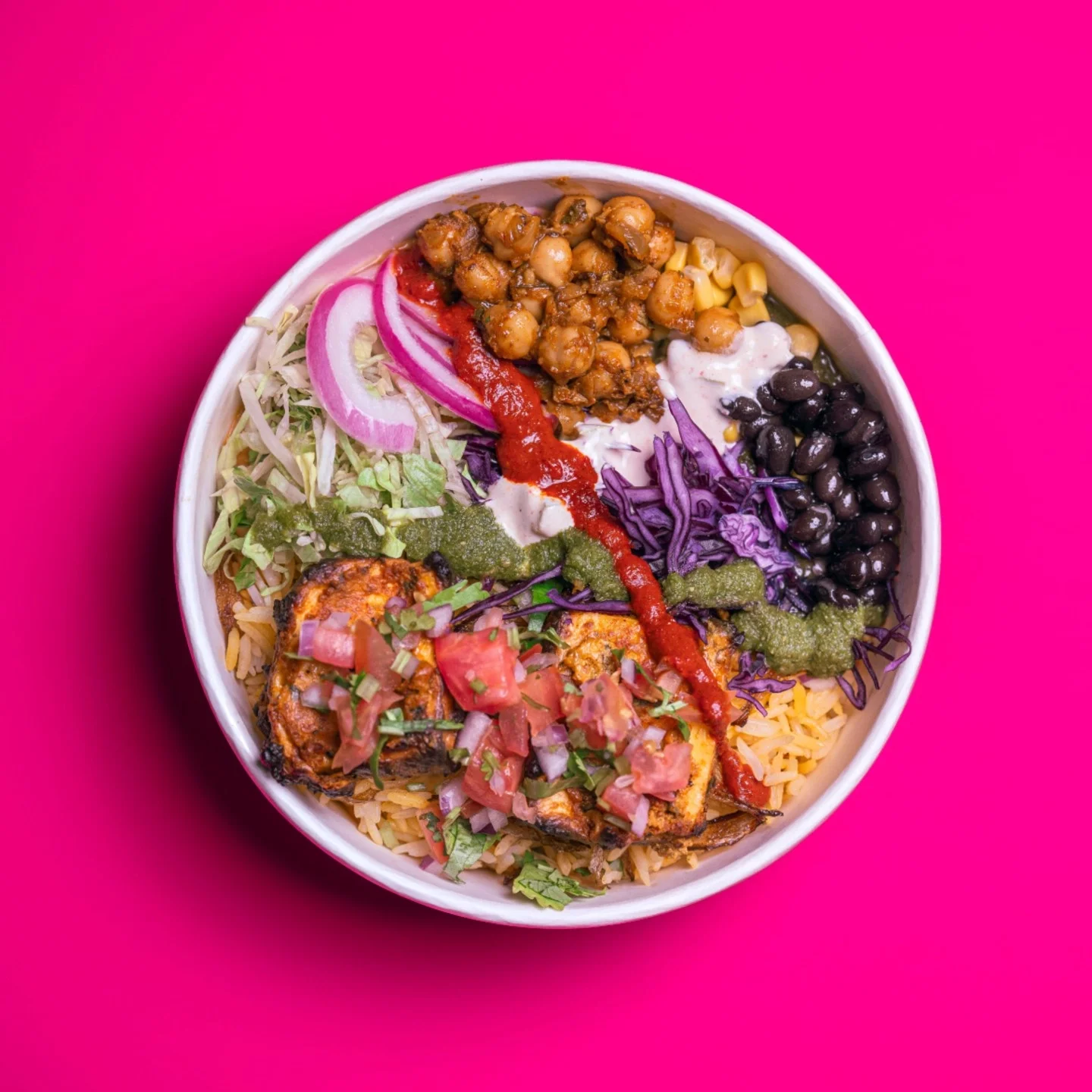 Vibrant Mexican burrito bowl with rice and toppings