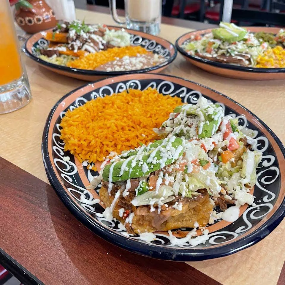 Plate of Mexican enchiladas with rice and toppings