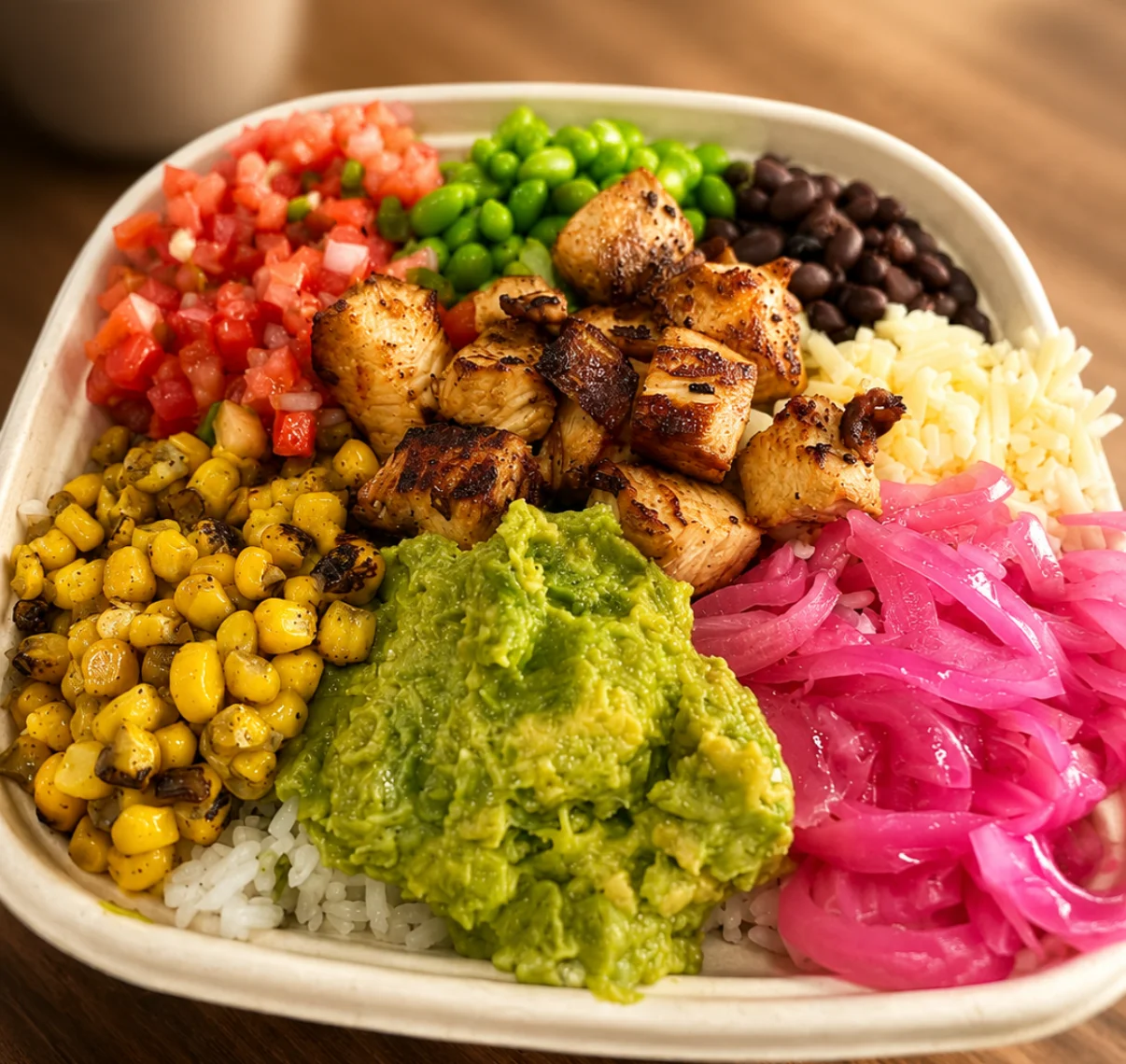 Colorful Mexican burrito bowl with grilled chicken