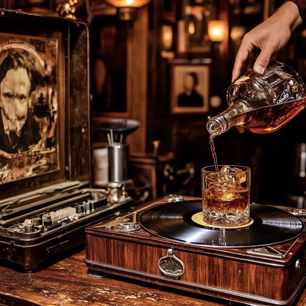 Vintage record player with whiskey being poured into a glass