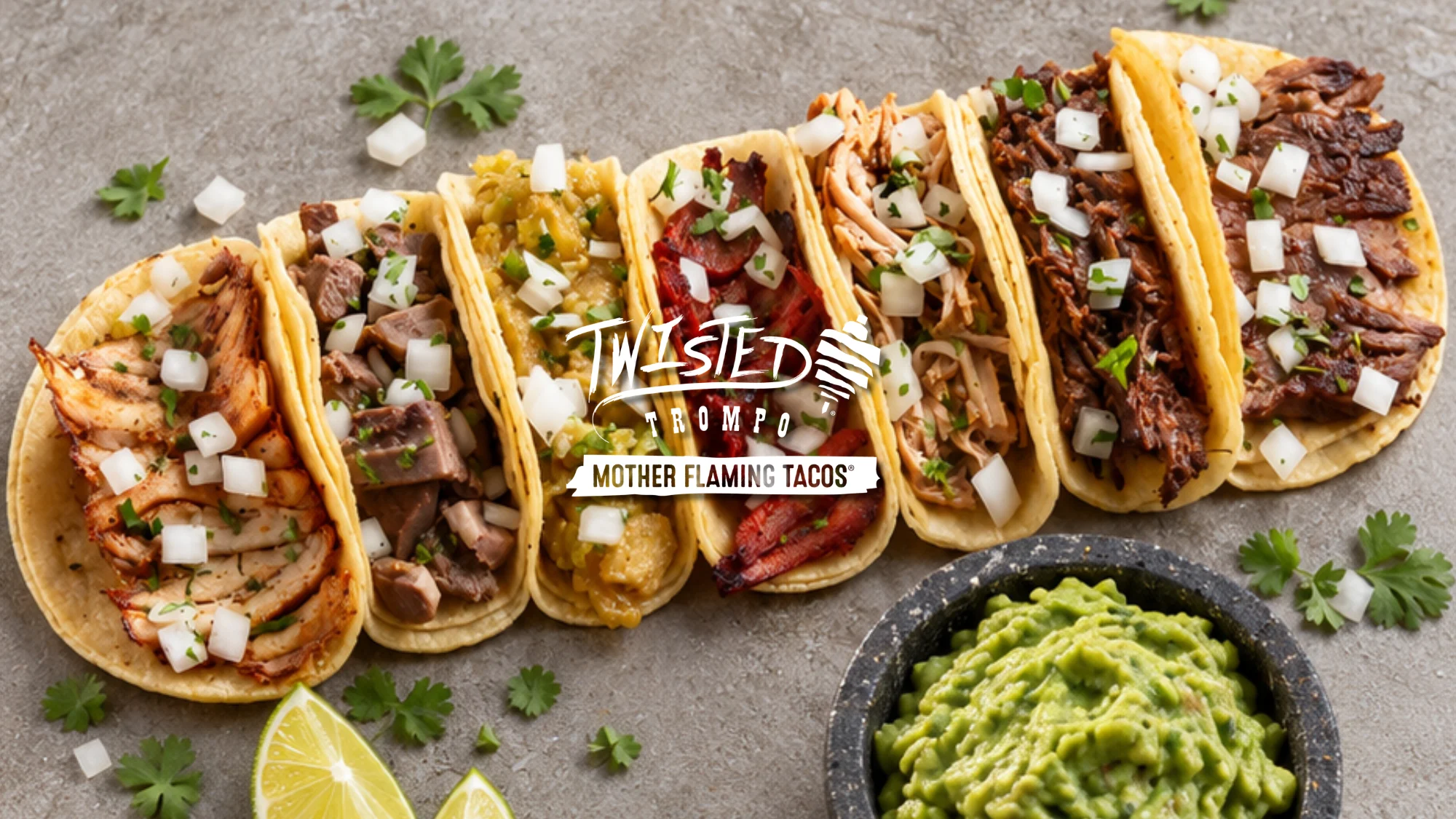 Assorted Mexican tacos with guacamole, cilantro, onion, and lime