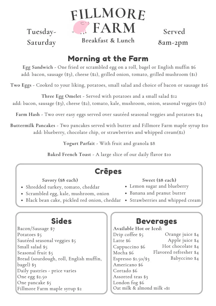 Breakfast menu featuring classic American dishes