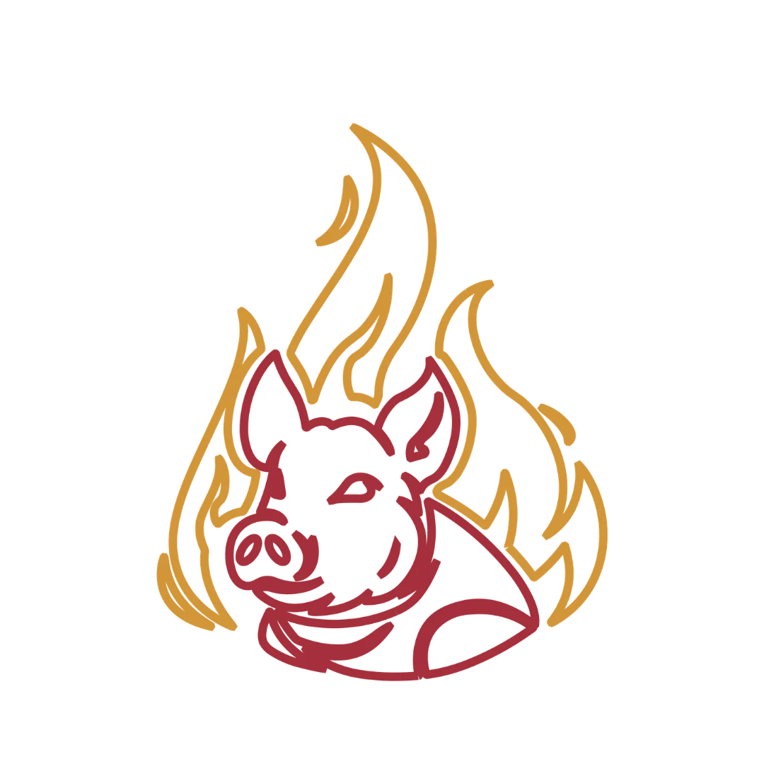 Stylized pig logo with flames, representing barbecue cuisine