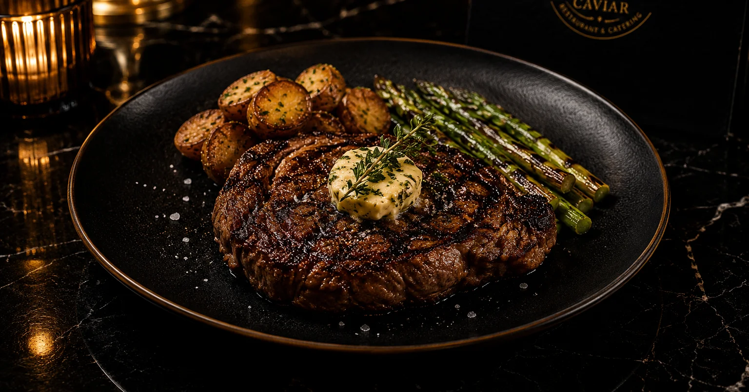 A beautifully presented plate featuring a grilled steak topped with herb butter, accompanied by roasted potatoes and asparagus. The setting includes warm lighting and dark marble.