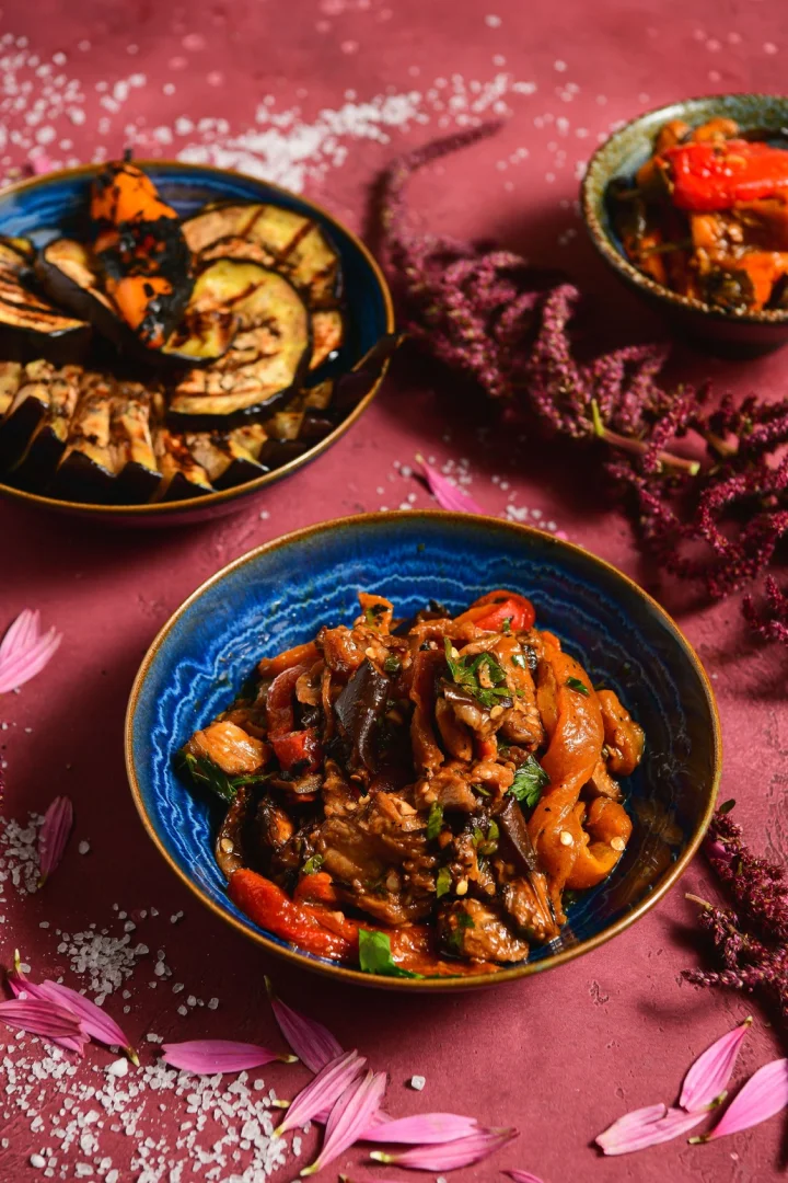Mediterranean ratatouille served in a blue bowl