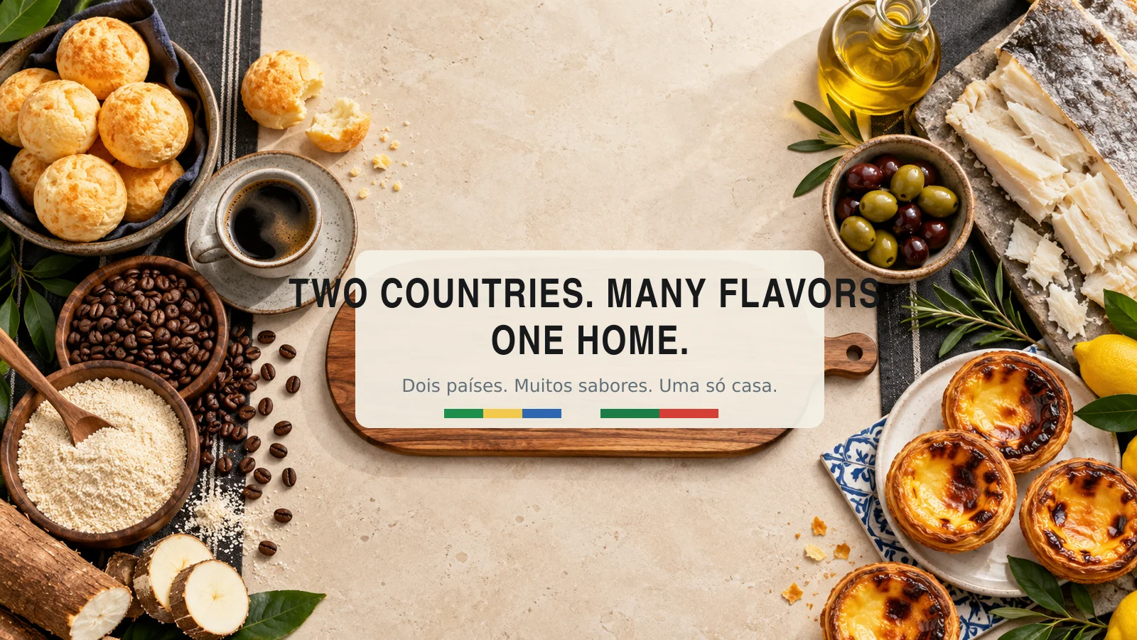 An assortment of food items showcasing a blend of cultures, including cheese, pastries, olives, and coffee, arranged on a stone surface.