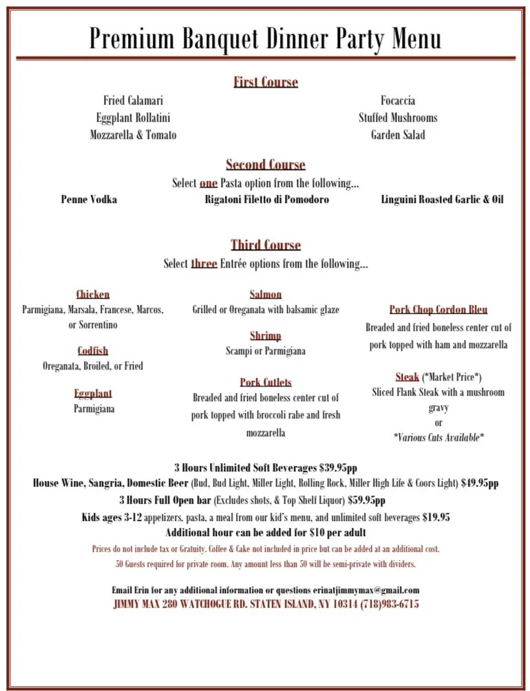 Jimmy Max Banquet Dinner Party Menu