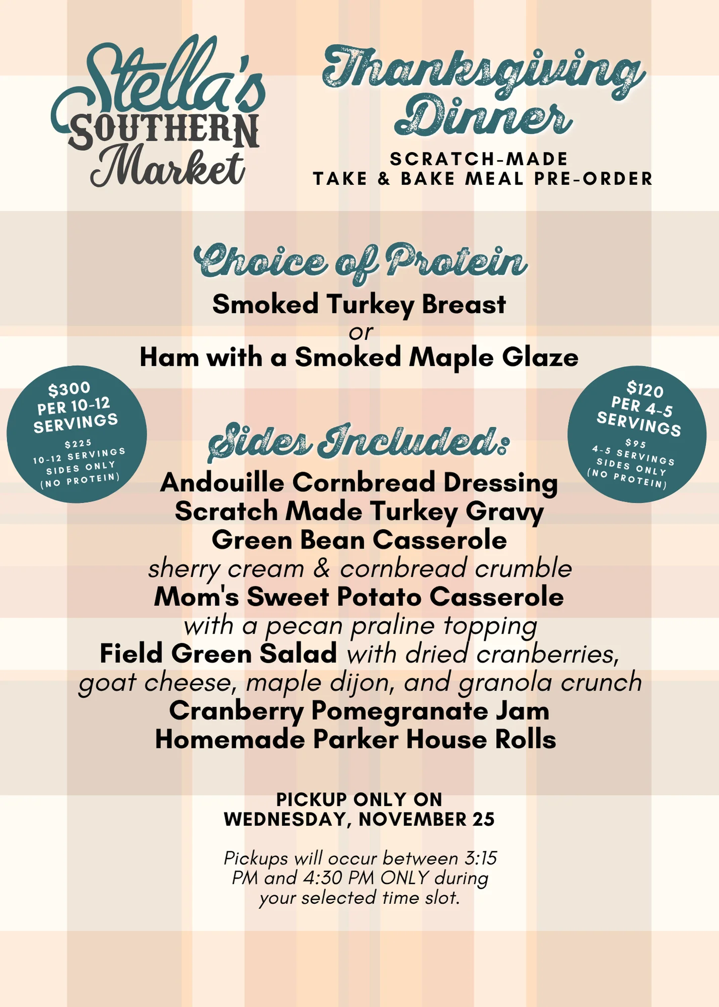 Thanksgiving dinner take-and-bake menu flyer with Southern dishes