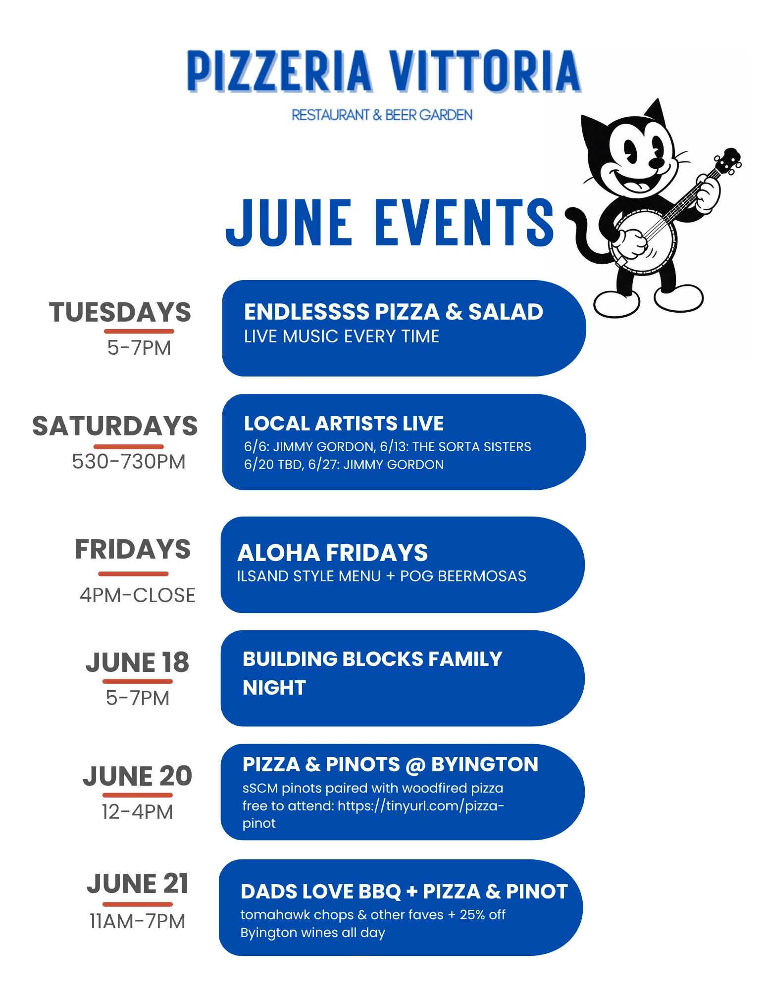 Pizzeria Vittoria June events schedule with live music and family nights