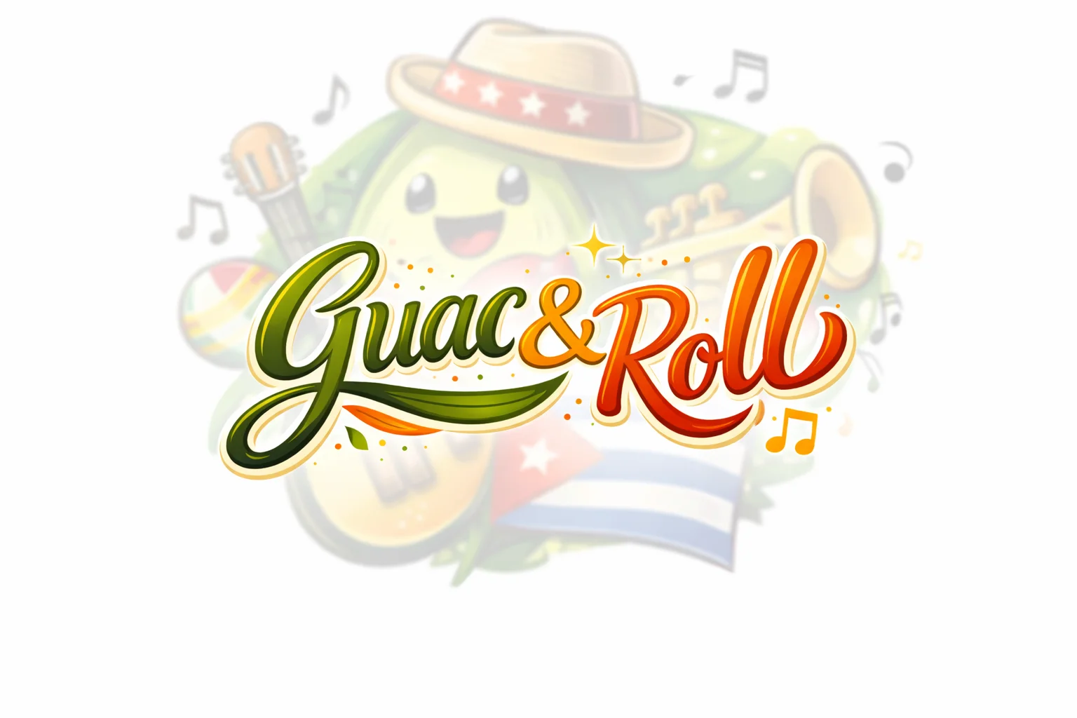 Colorful logo for Guac & Roll featuring a cheerful avocado character