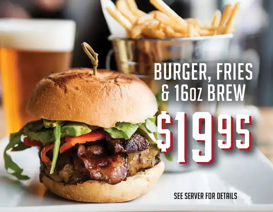 Juicy American cheeseburger with fries and beer