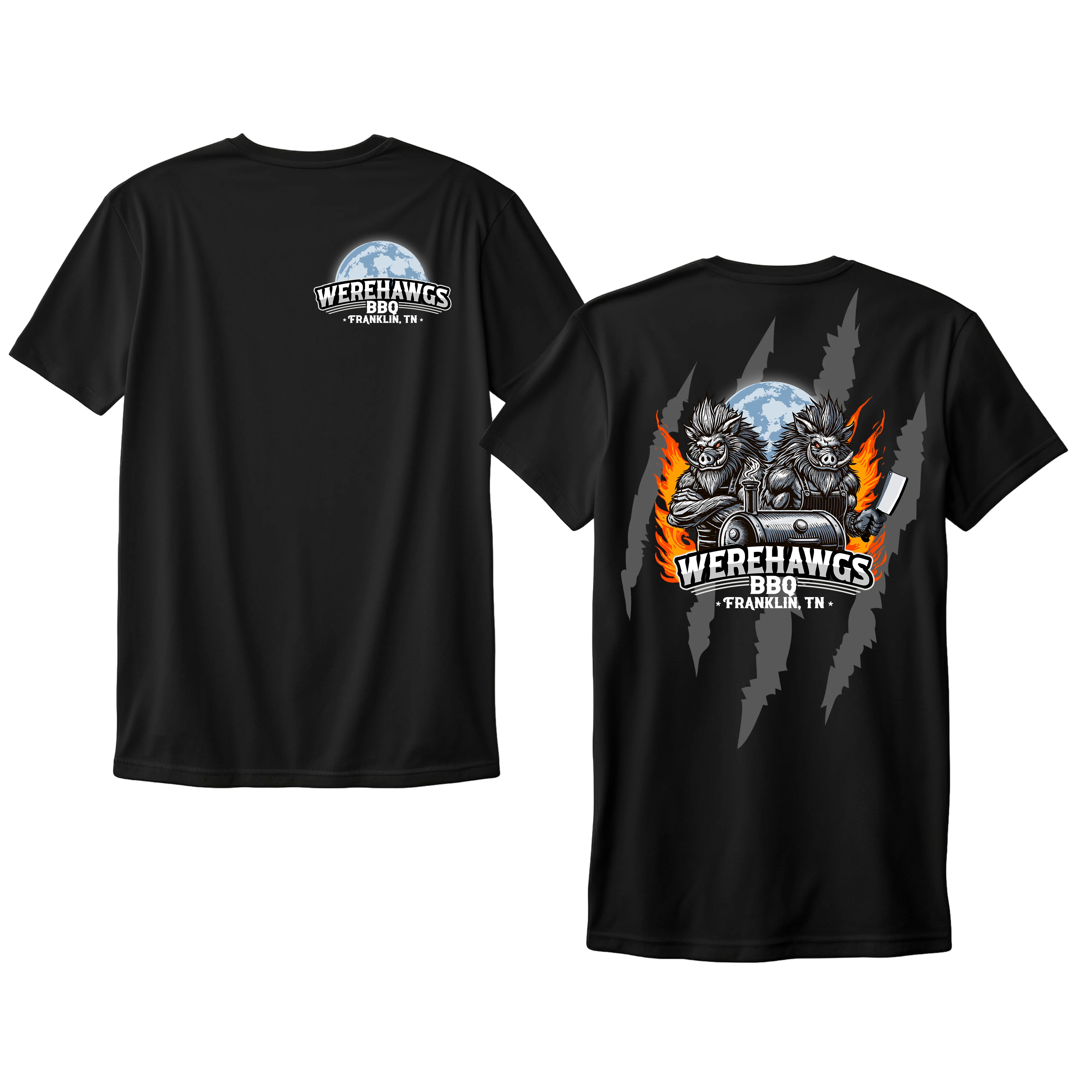 Black t-shirt featuring Werehawgs BBQ design from Franklin, TN