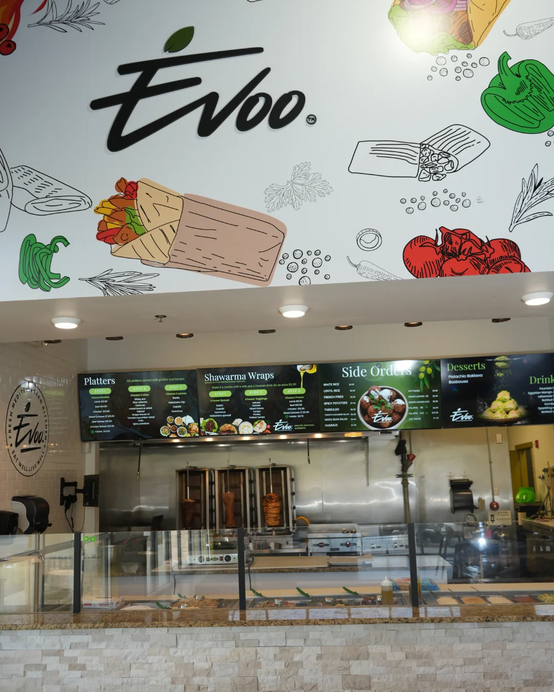 Modern Mediterranean restaurant interior with menu display