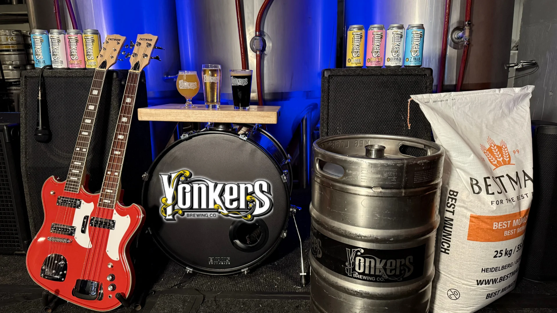 Craft beer setup with guitars and brewing equipment