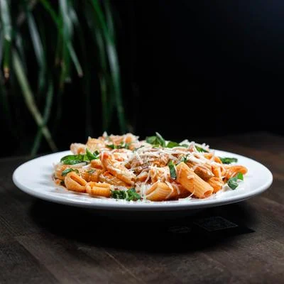 A plate of delectable pasta topped with fresh mozzarella