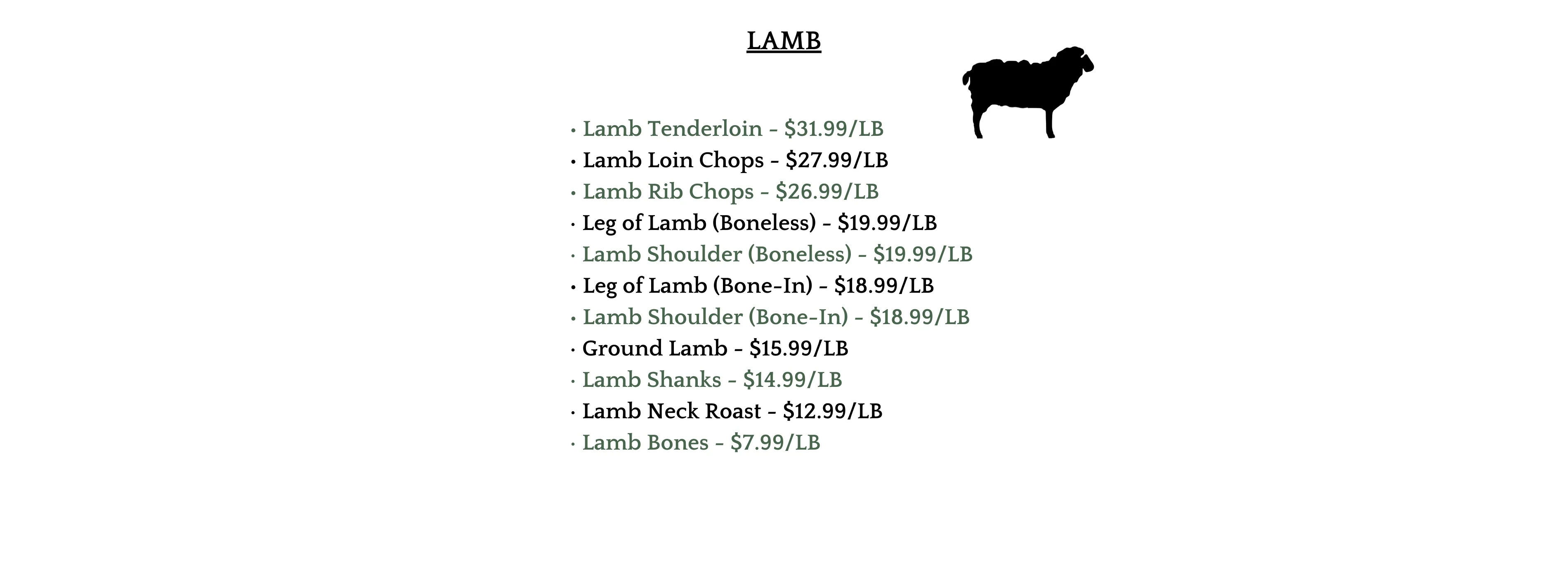Lamb cuts and prices displayed in a butcher shop