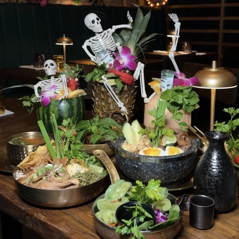 Colorful Asian-inspired feast with decorative elements