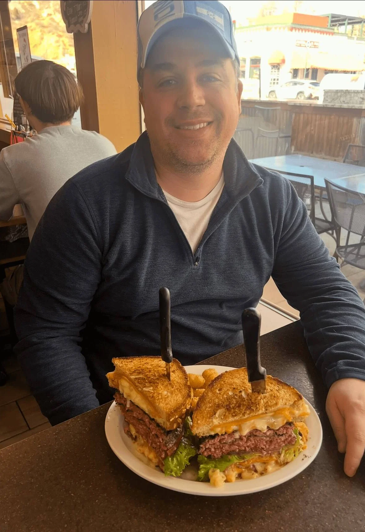 Giant double cheeseburger with grilled cheese bread