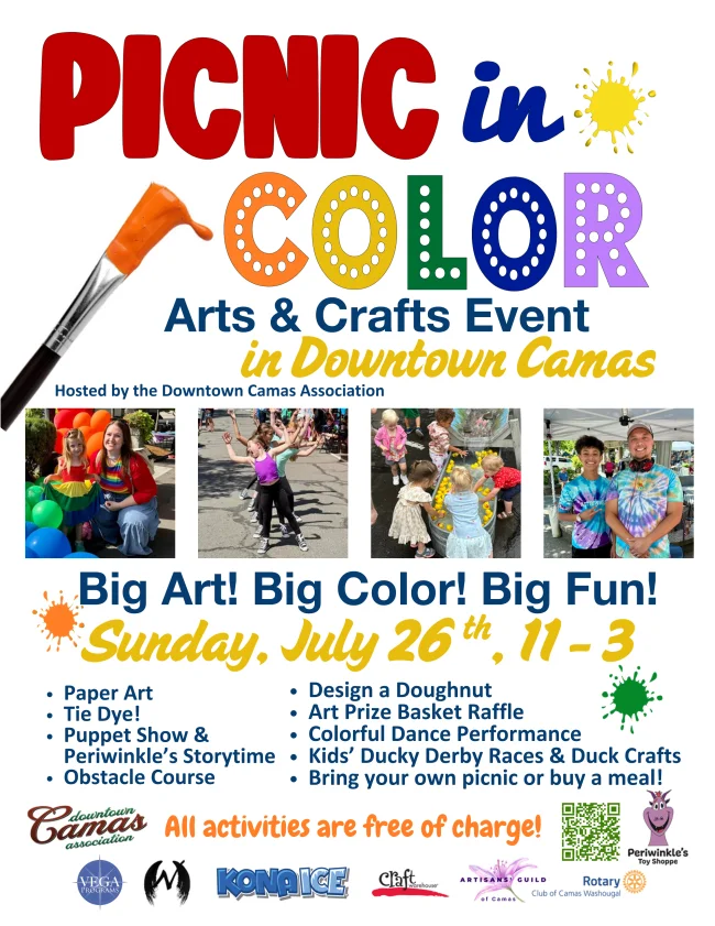 Colorful arts and crafts event in Downtown Camas with activities for all ages