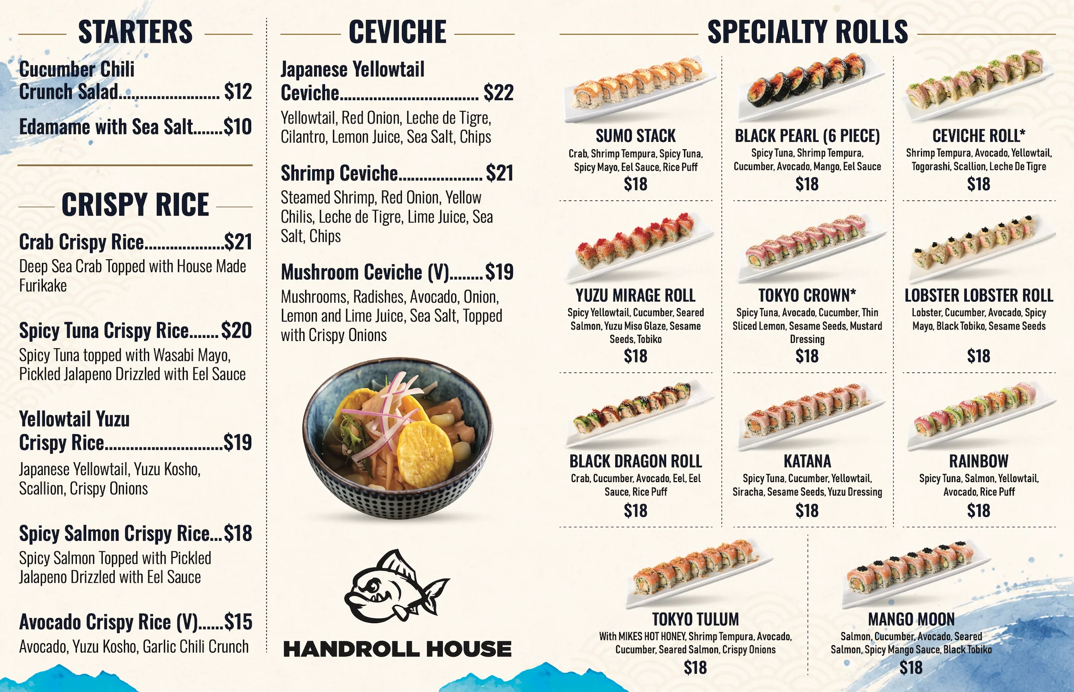 Japanese sushi restaurant menu featuring ceviche and specialty rolls