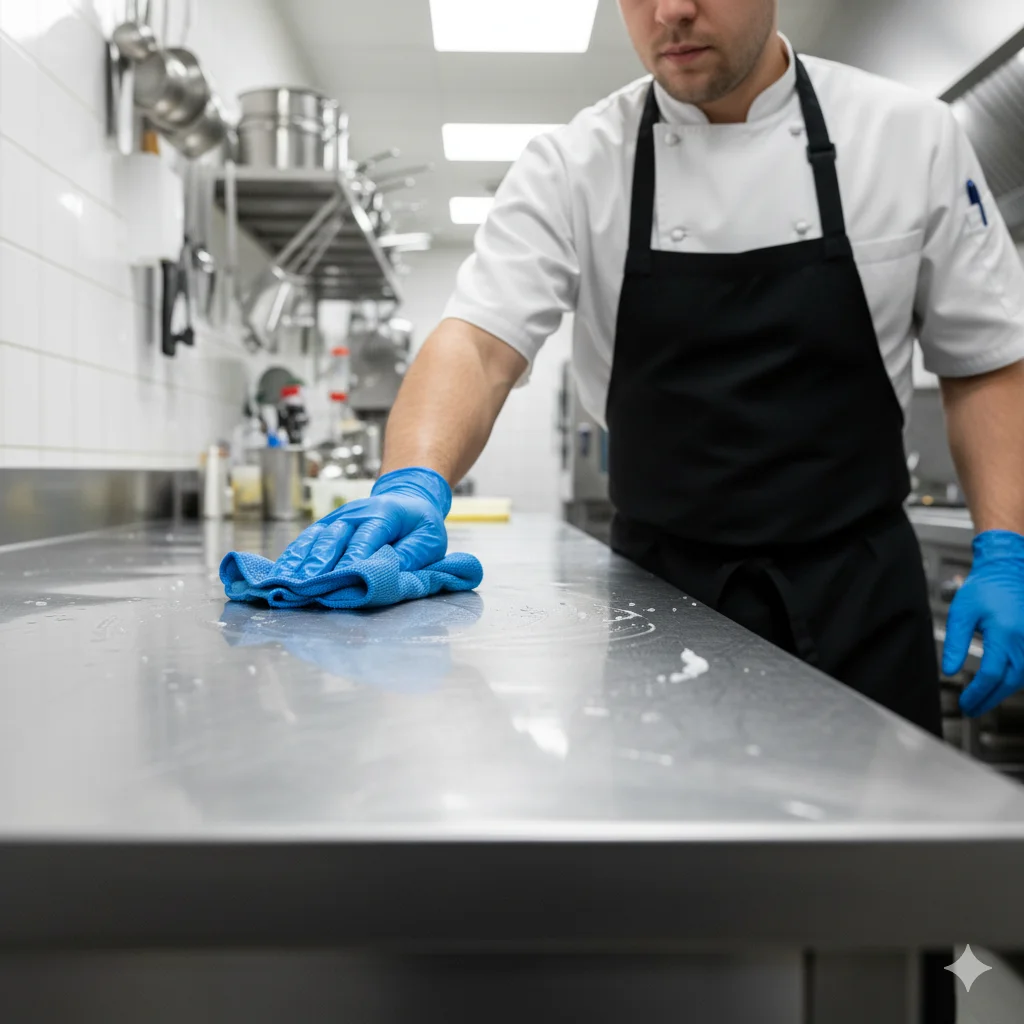 Chef cleaning stainless steel kitchen surface