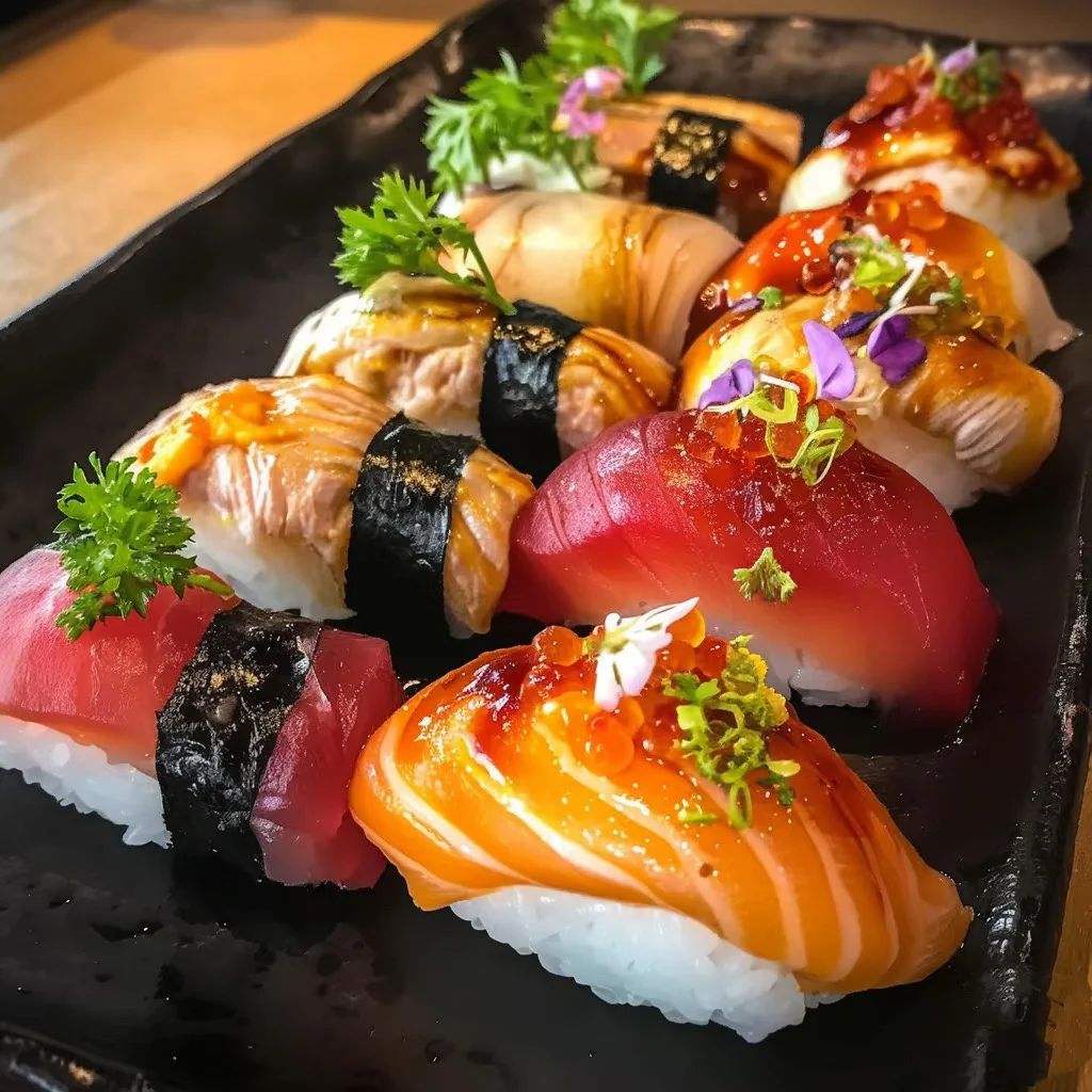 Assorted sushi platter featuring nigiri and sashimi