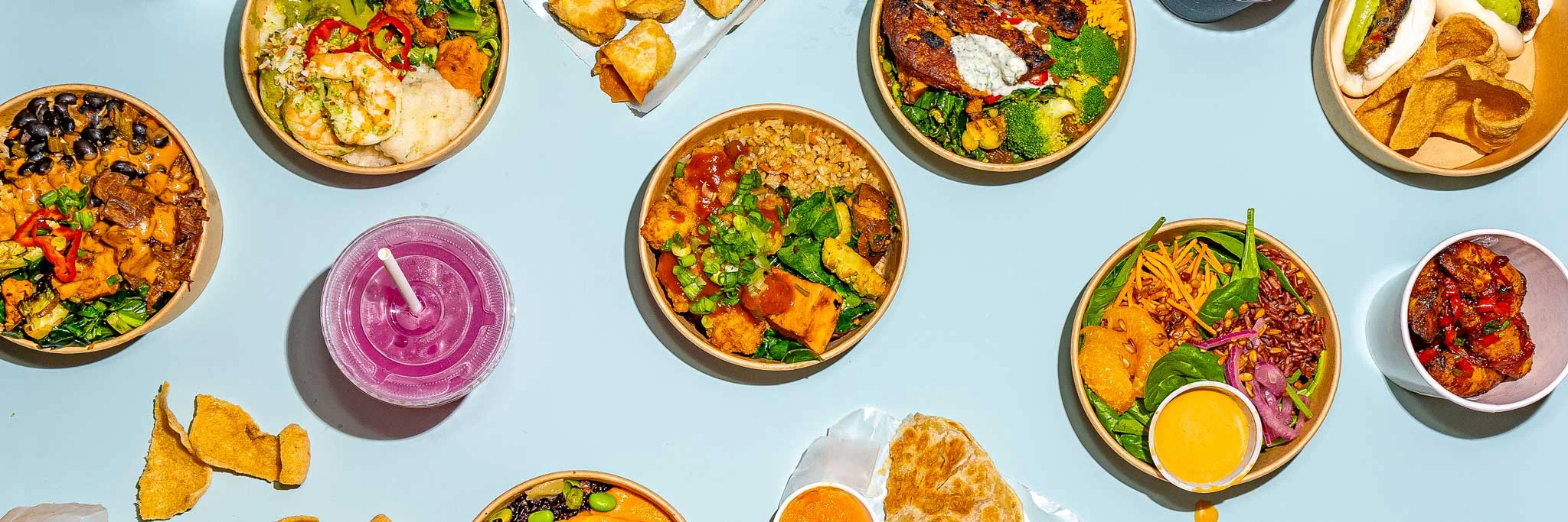 Colorful Asian-inspired grain bowls with fresh ingredients