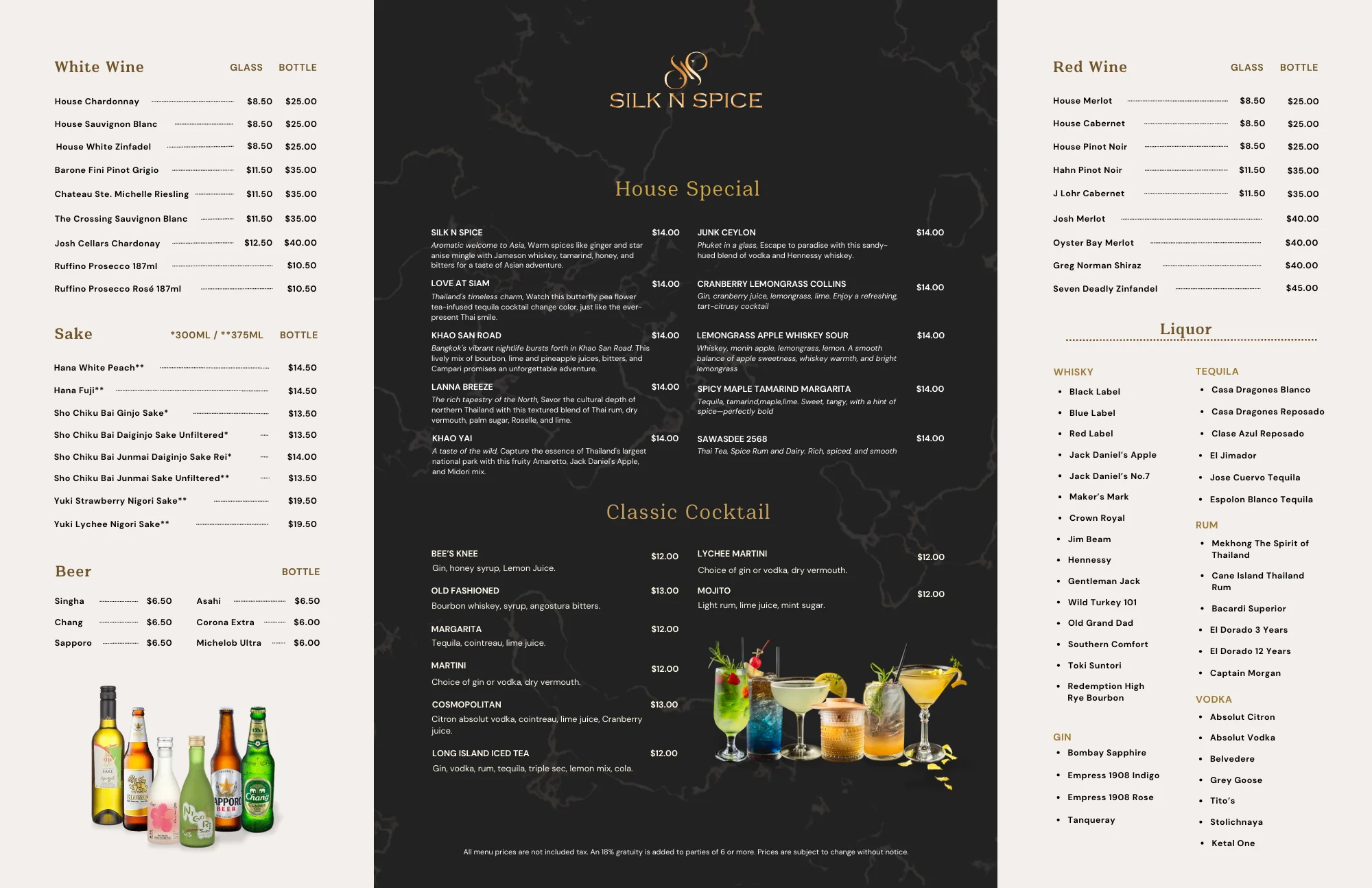 Elegant restaurant menu featuring Asian-inspired cocktails and wines