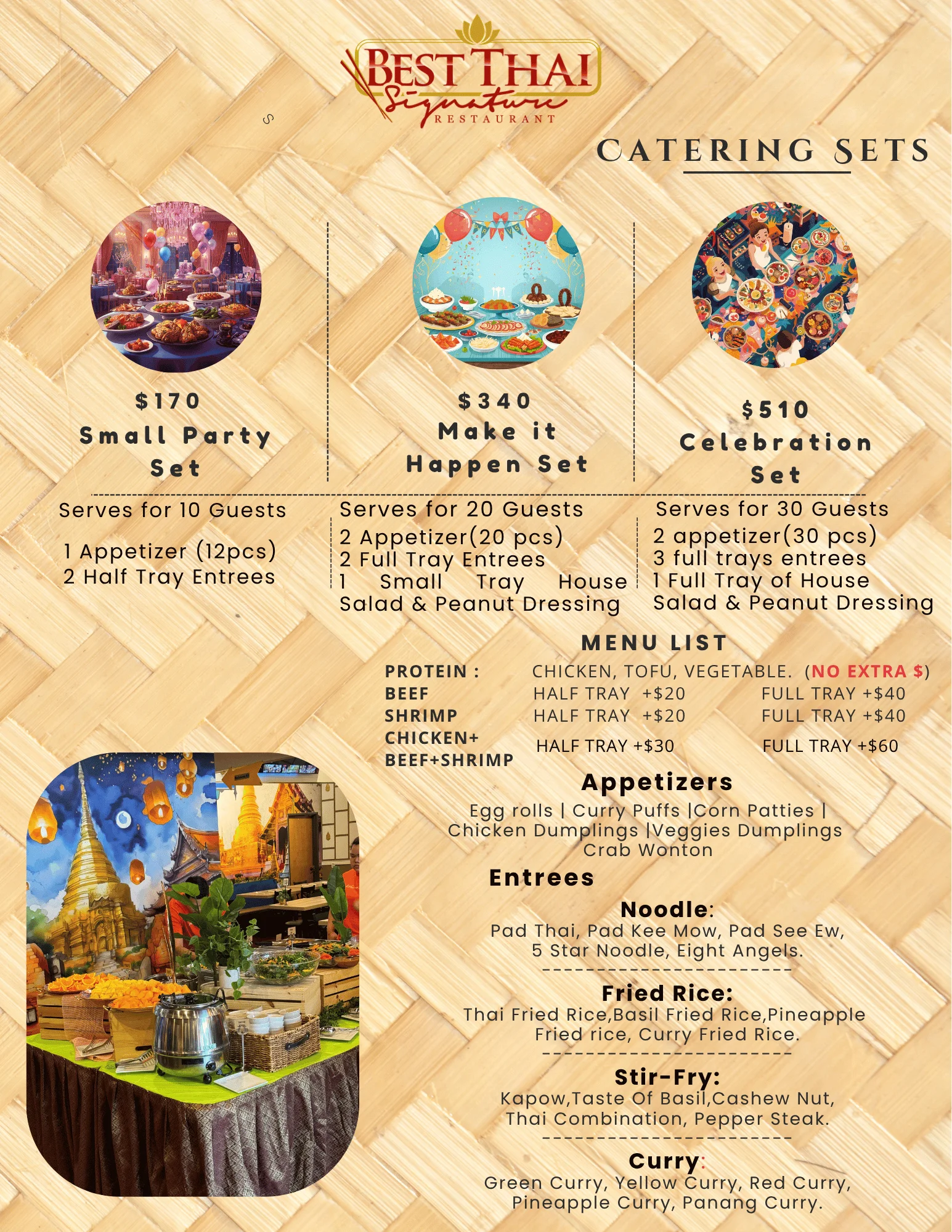 Catering menu for Thai cuisine with party set options