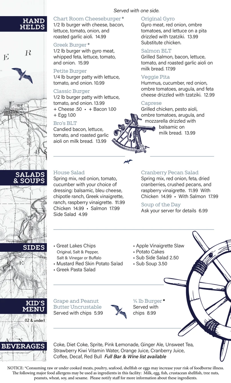 Diverse menu featuring Mediterranean and American hand-held dishes