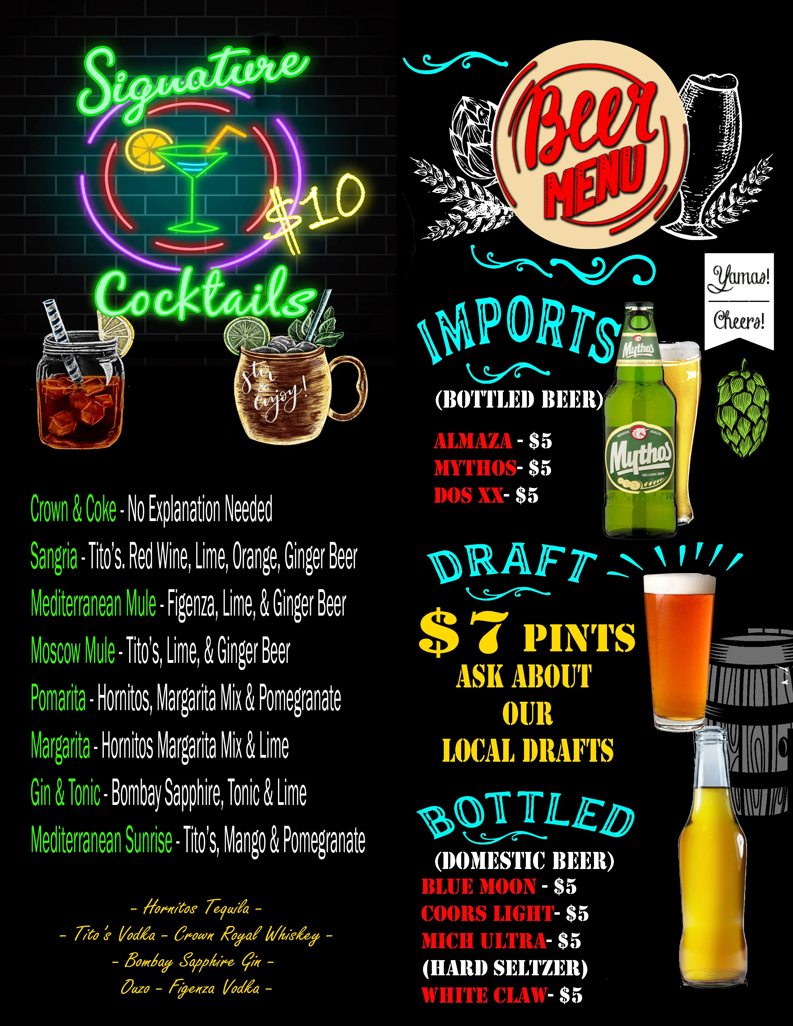 Colorful cocktail and beer menu at a lively bar