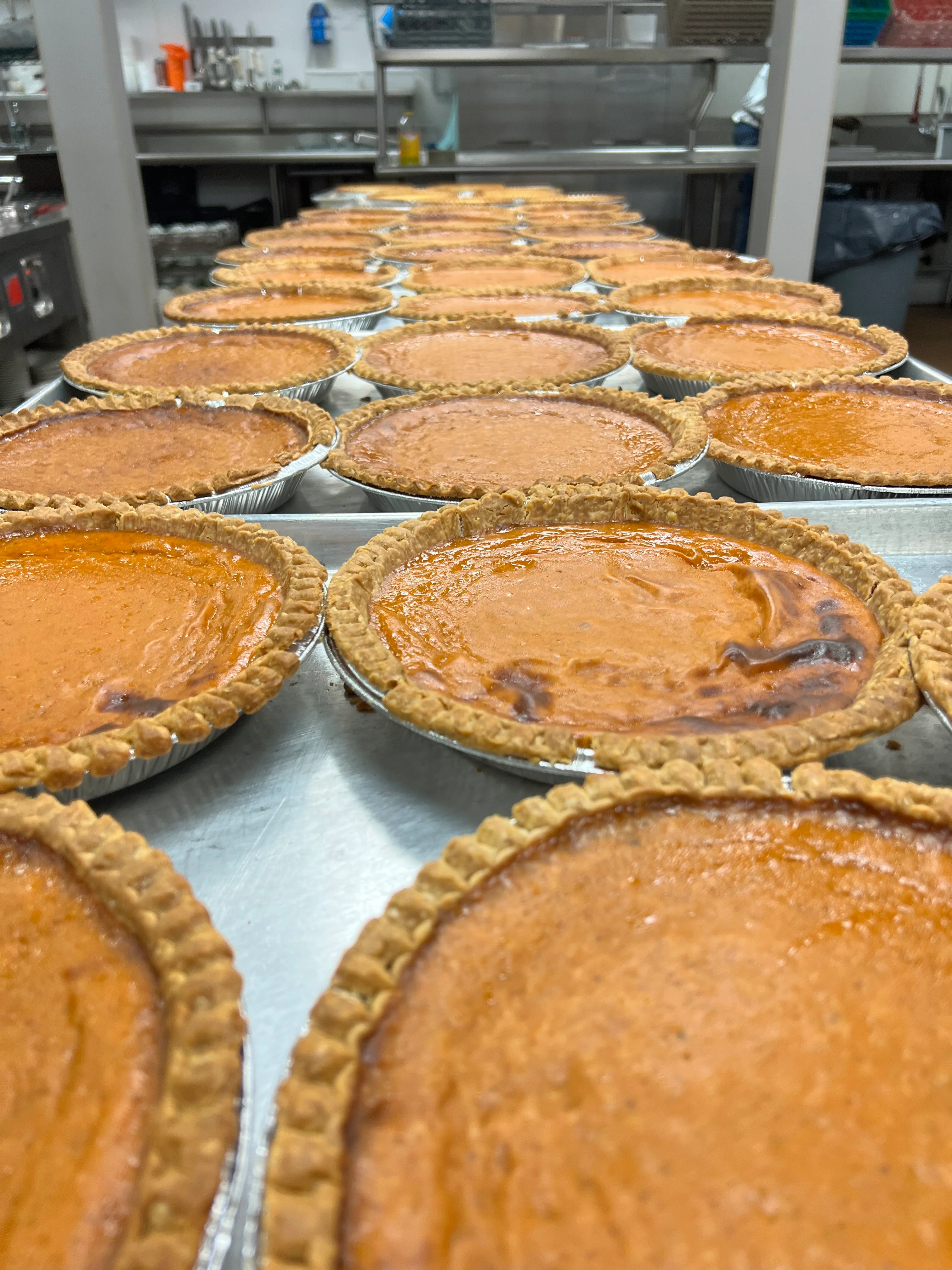 Freshly baked pumpkin pies cooling in a commercial kitchen