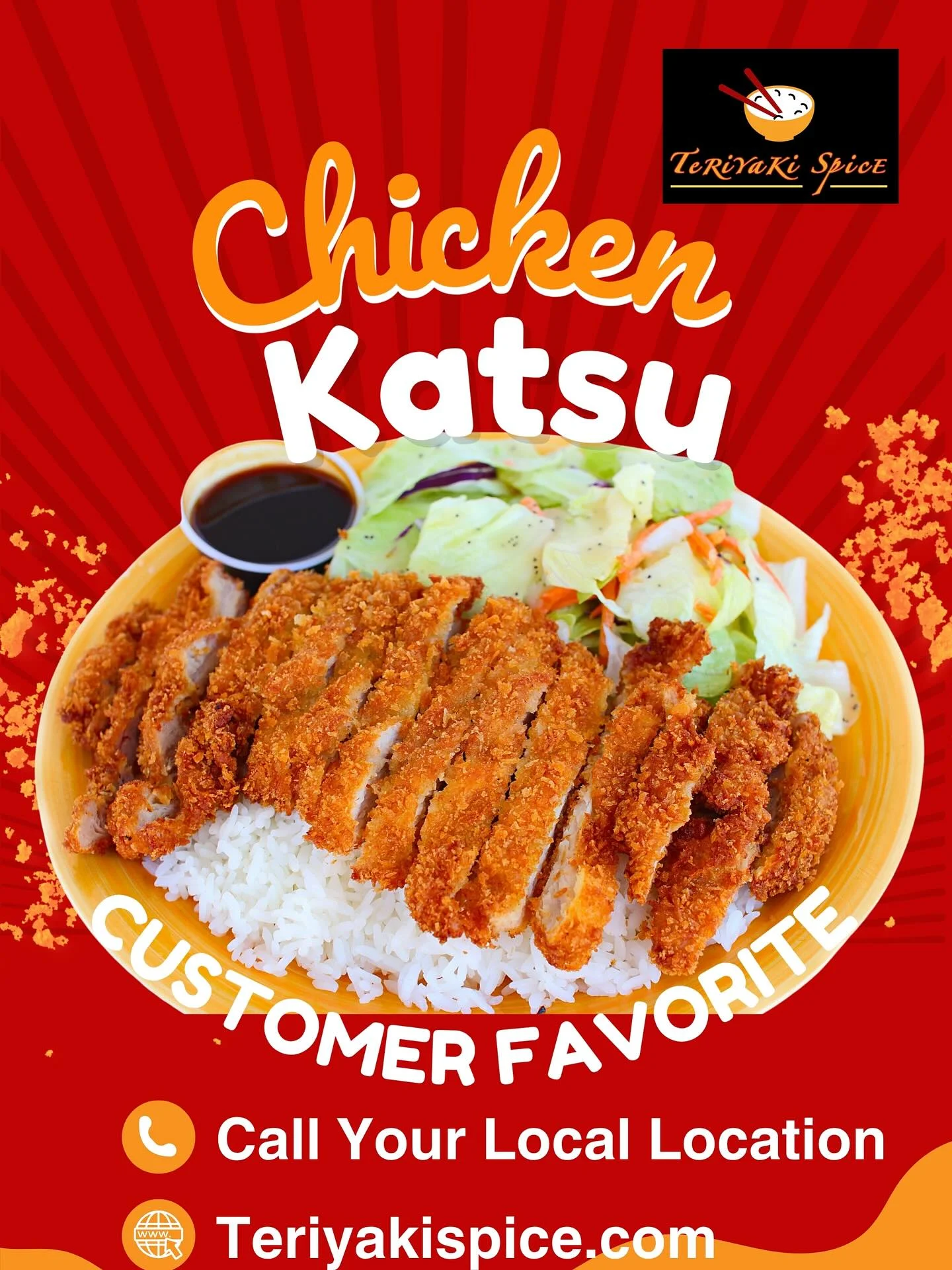 An advertisement showcasing a breaded chicken katsu dish served on a bed of rice with a side salad, highlighting it as a customer favorite.