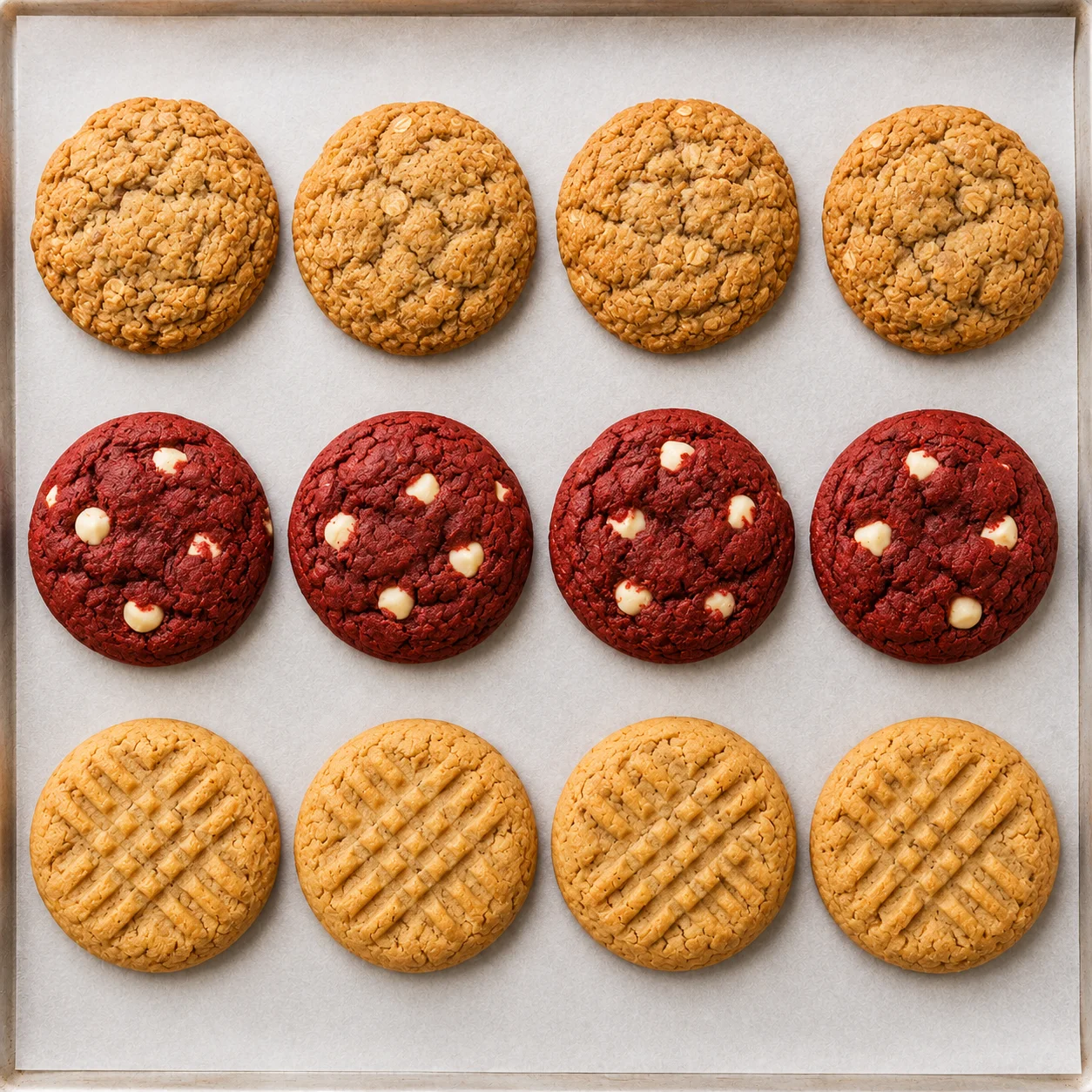 Assorted cookies including oatmeal, red velvet, and peanut butter