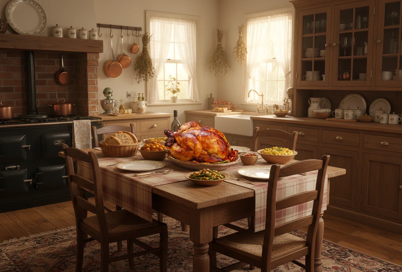 A beautifully set dining table with a roasted turkey and side dishes in a cozy kitchen.