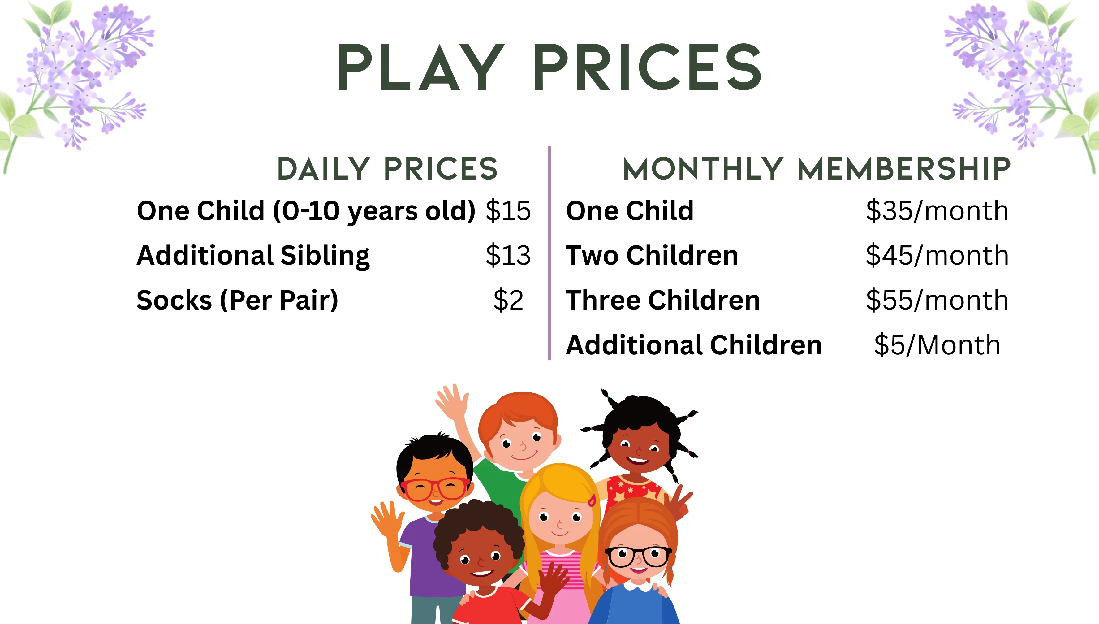 Play pricing for children with monthly membership options
