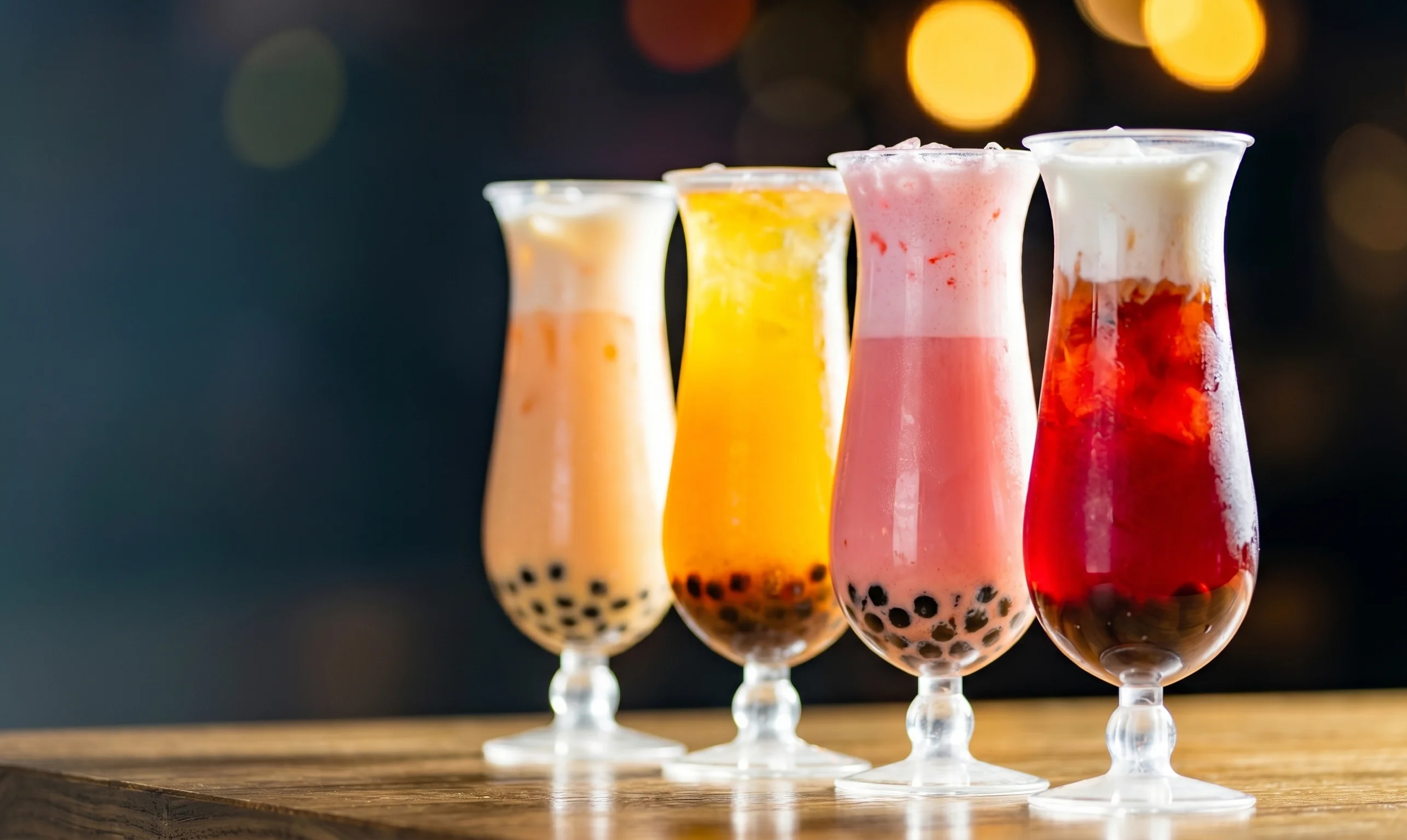 Four colorful drinks with tapioca pearls on a wooden table.