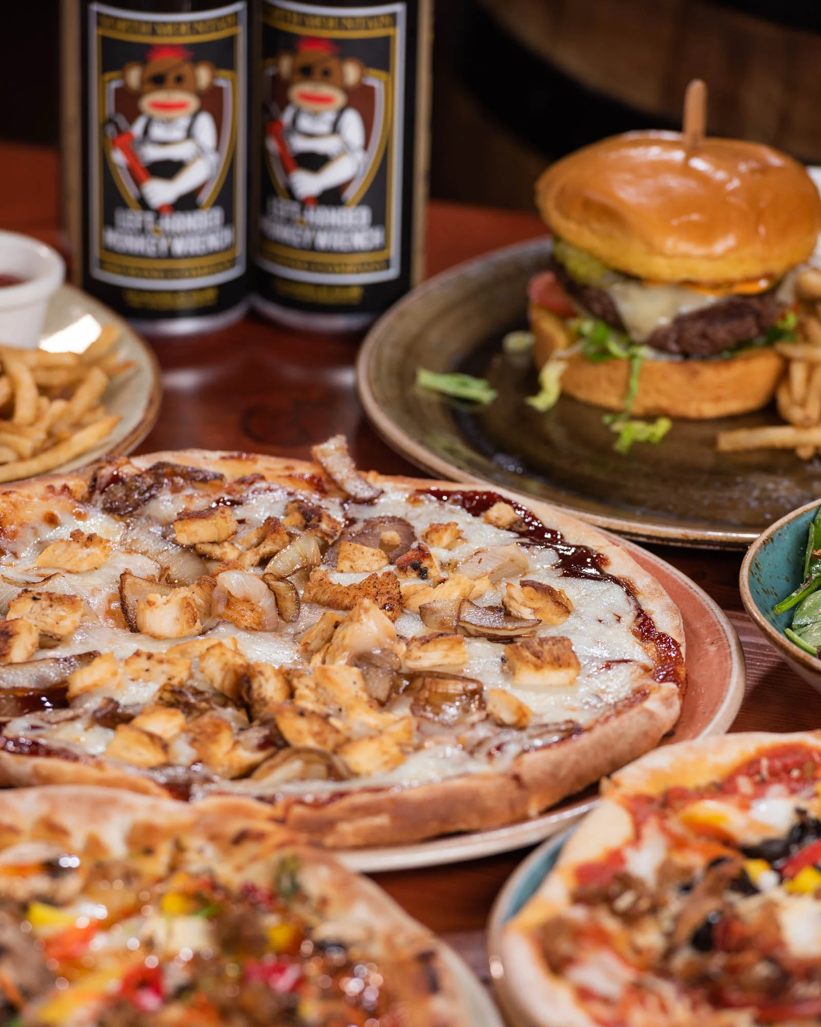 BBQ chicken pizza served in a casual dining setting